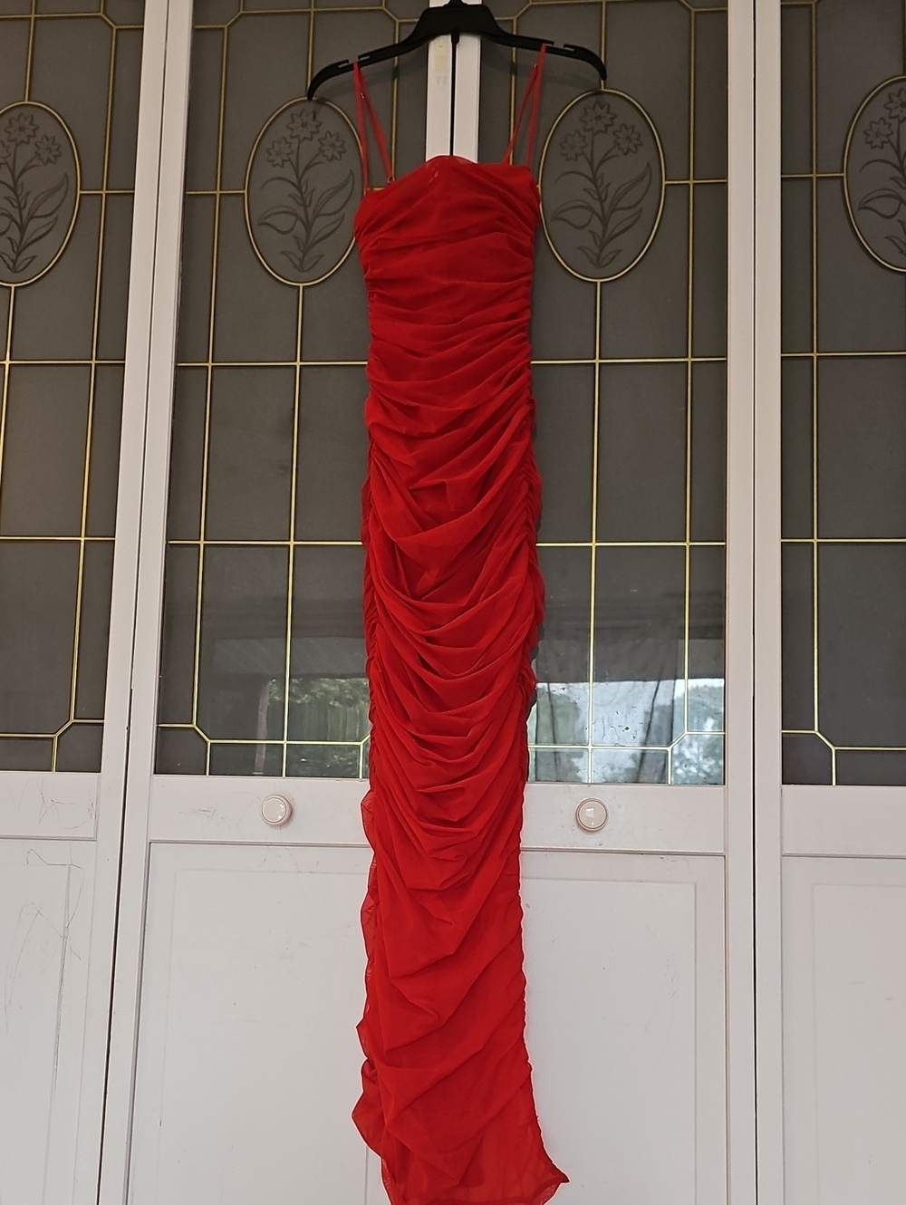House of CB Red Ruched Maxi Dress with Spaghetti Straps